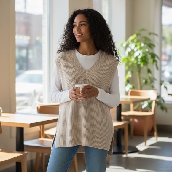 Vince Camuto Beige Women's V-Neck Knit Sweater Vest NWT Size M - Picture 3 of 10